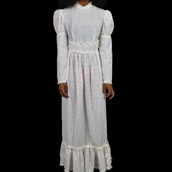 Vintage Dresses & Skirts - Vintage Vicky Vaughn Prairie Dress White Maxi Embroidered Gigot Puff Sleeve XXS